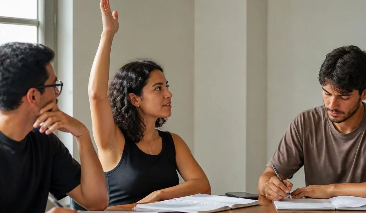 Duas pessoas preparando a próxima rodada com caderno e marca-texto na mão