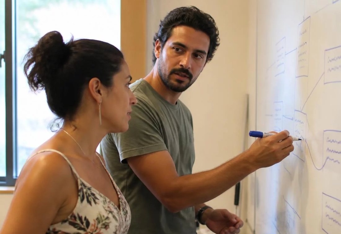 Dupla desenhando no quadro branco a estrutura de uma tese