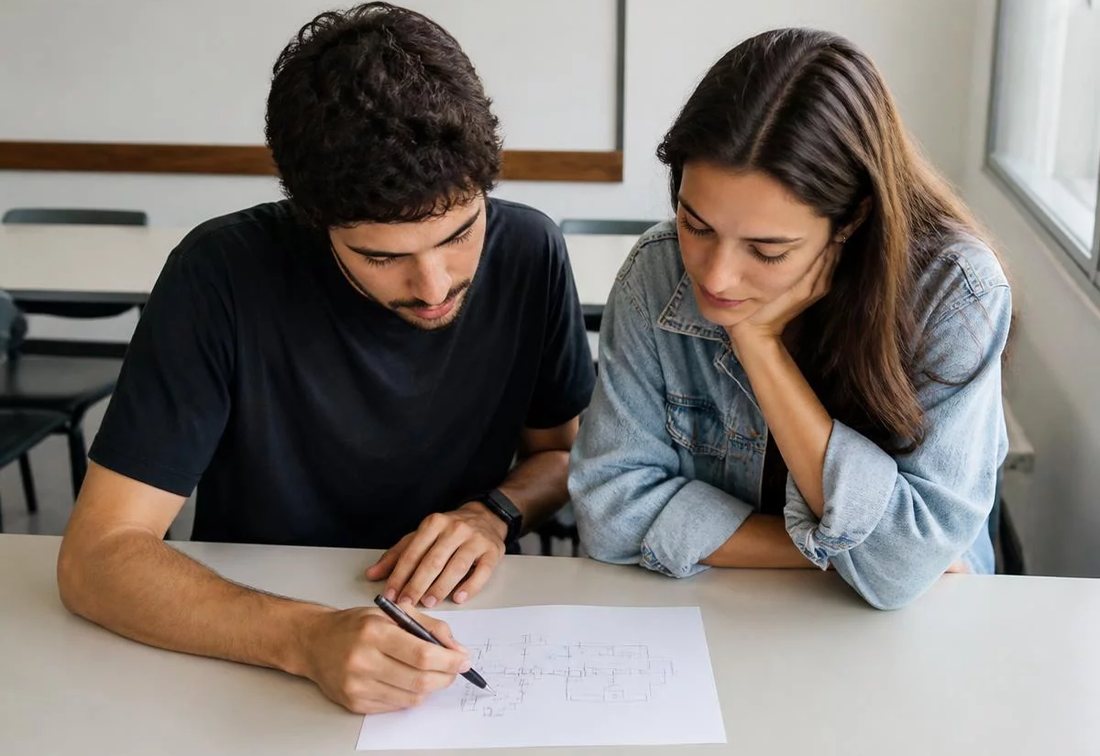 Colegas revendo no tablet as anotações do encontro anterior